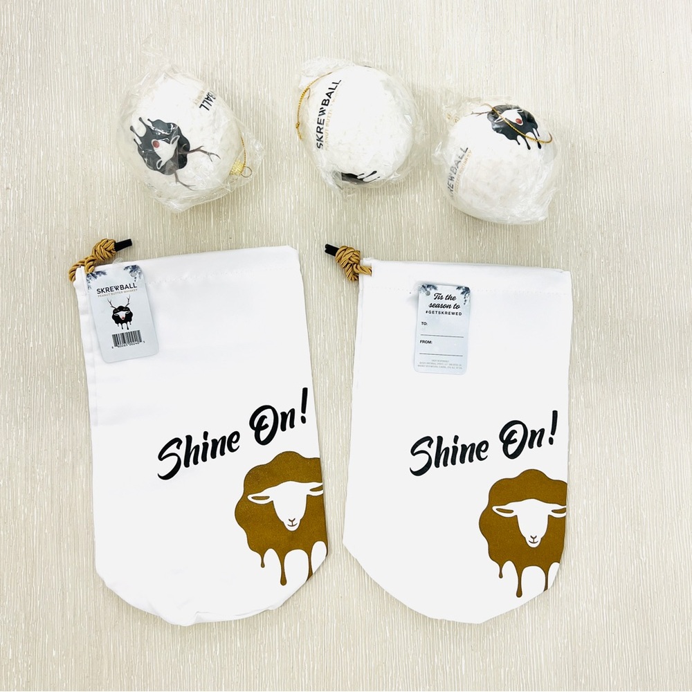 NEW! Skrewball Shine On Party 2 bottle Bags - plus 3 ornaments White and Gold